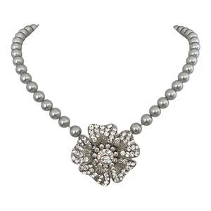 New Tia Adora Bridal Necklace Black Pearl Crystal Pendant Silver Tone - 11N